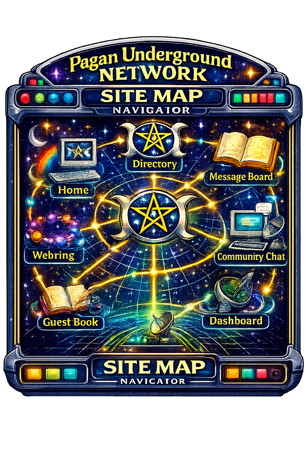 Retro Pagan Underground Network site map with clickable navigation nodes